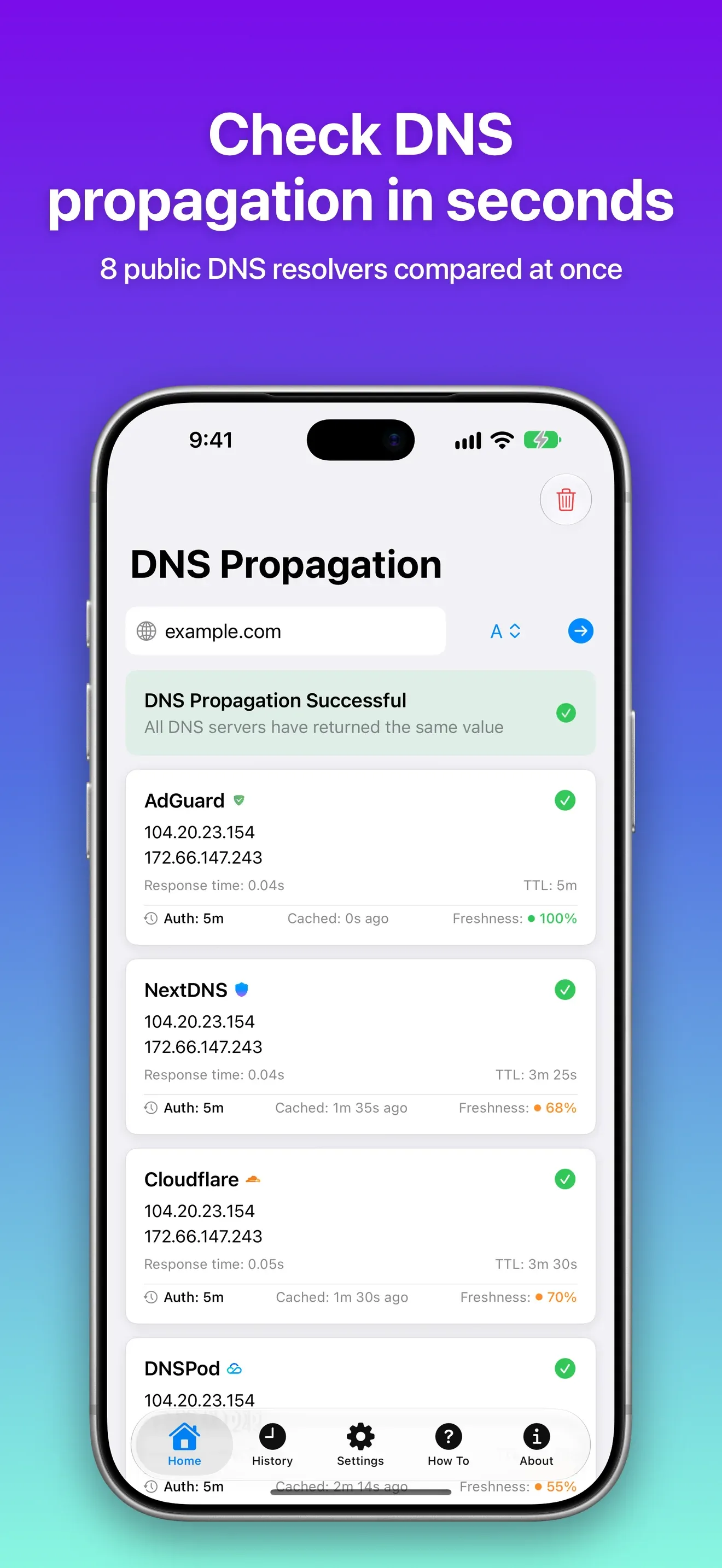 Successful propagation check comparing answers from eight public DNS resolvers