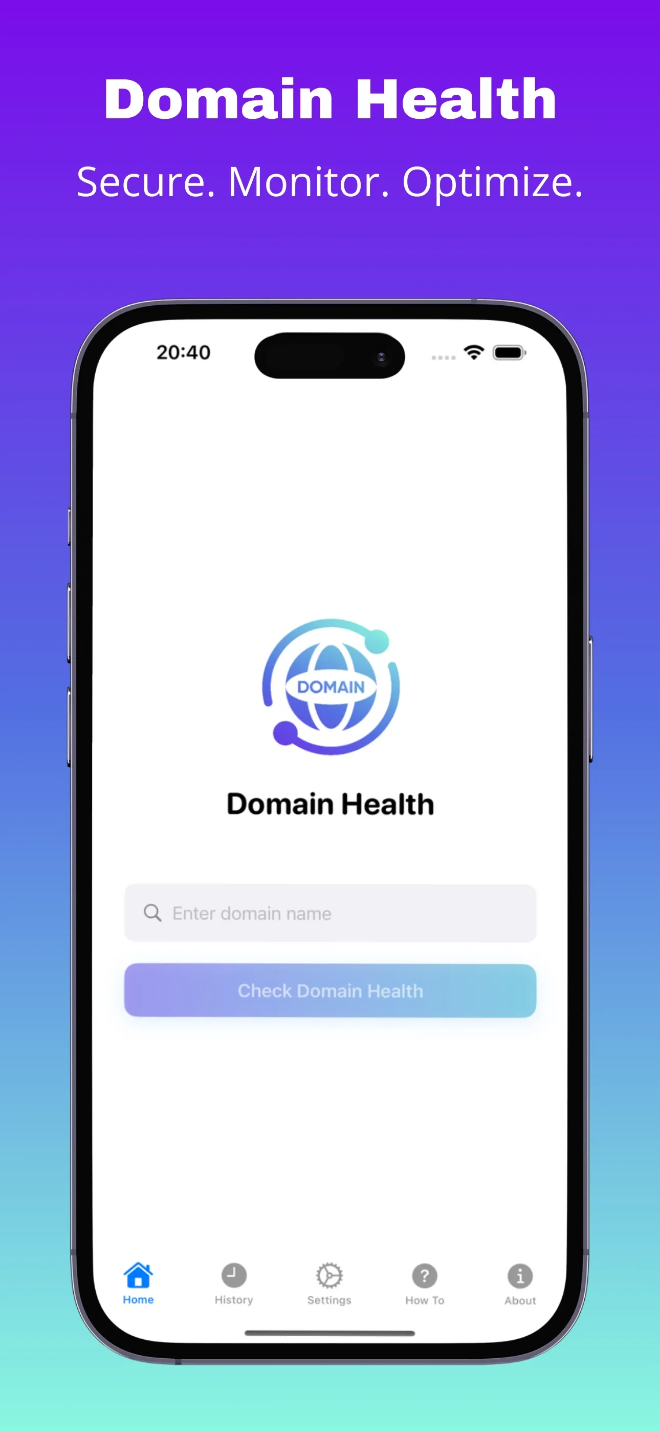 Home screen in light mode with domain input and Check Domain Health button