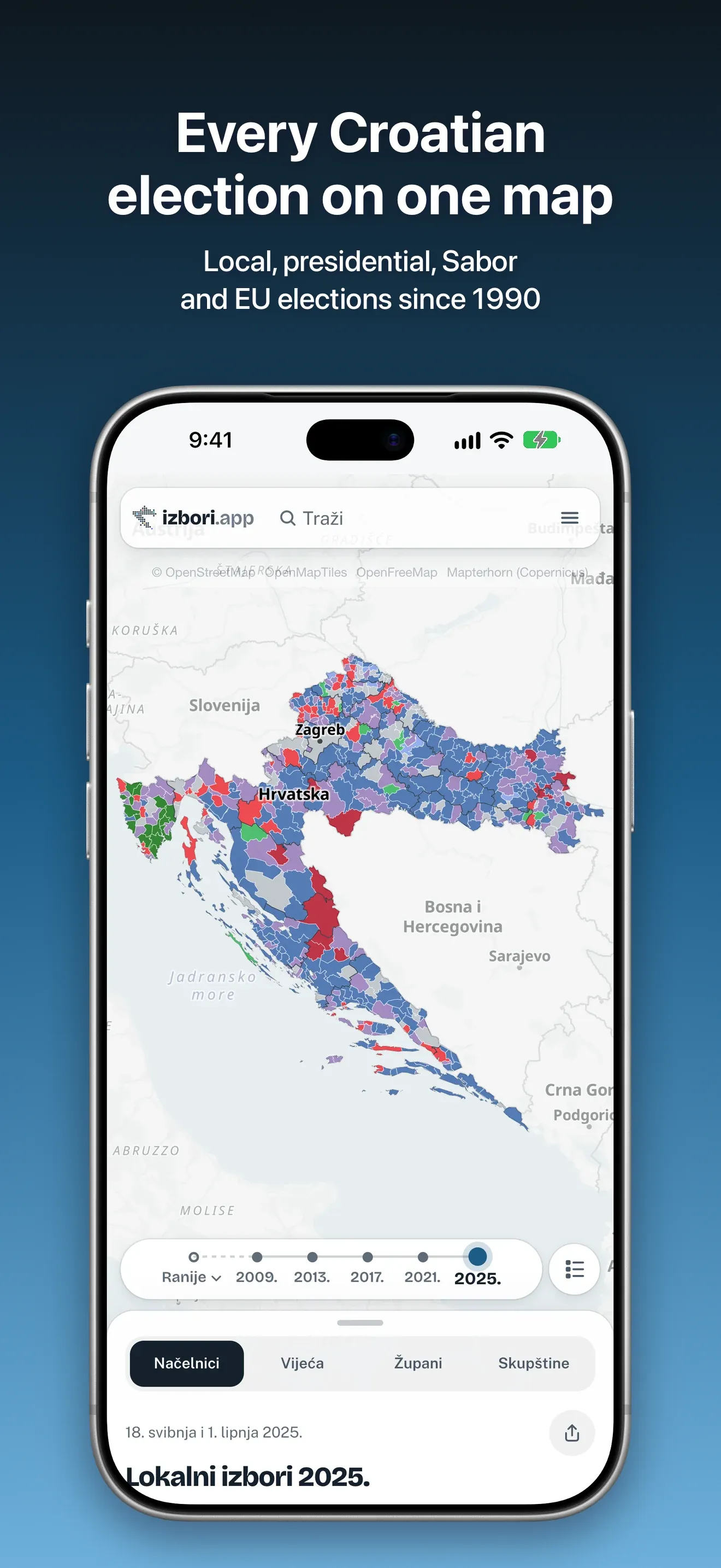 Map of Croatia coloured by the winning party of every town and municipality in the 2025 local elections