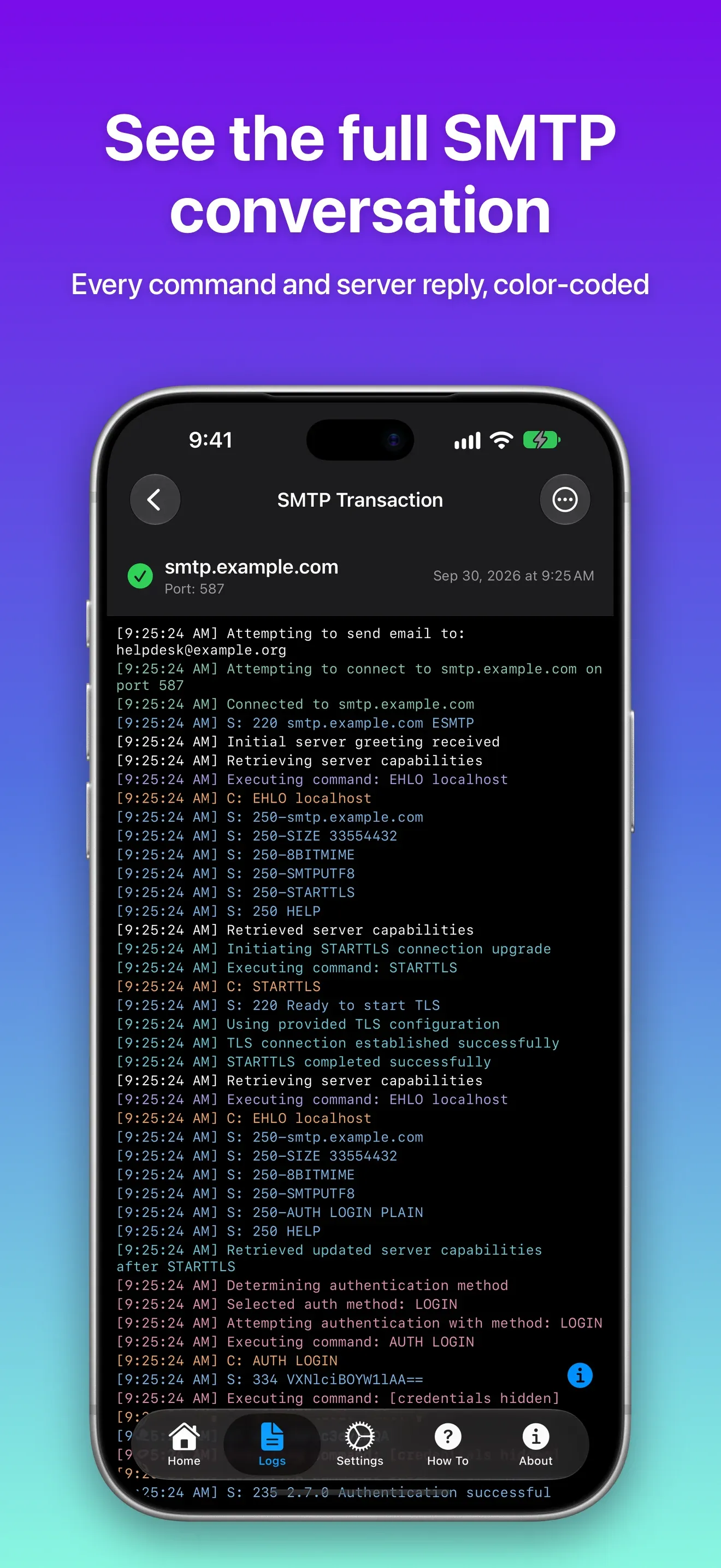 Complete SMTP transaction log with every command and server reply