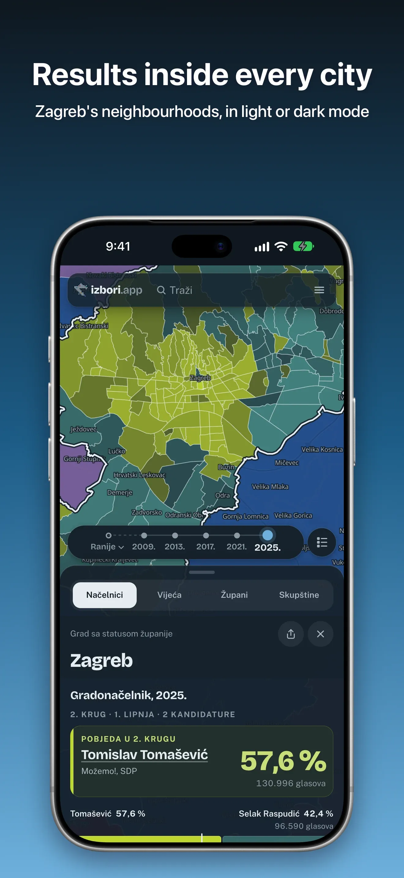 Zagreb in dark mode with results by neighbourhood and the 2025 mayoral runoff winner with 57.6 percent