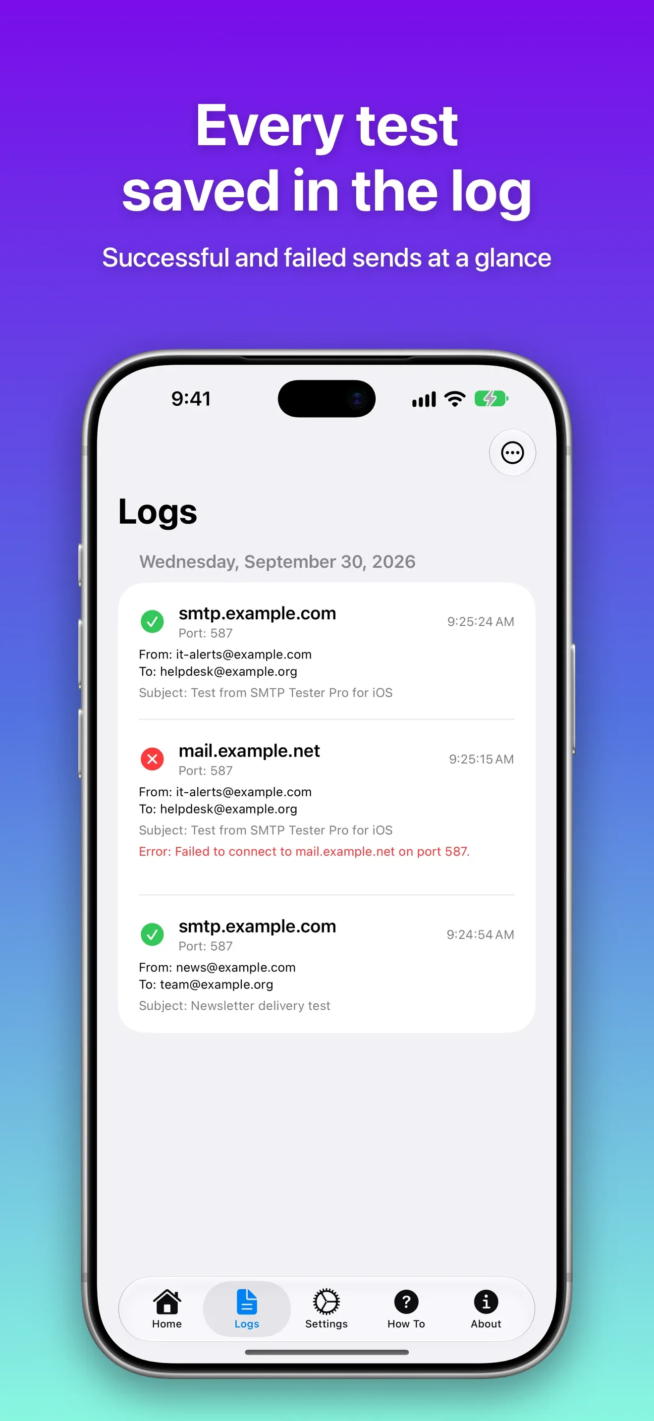 Logs list with successful and failed sends grouped by day