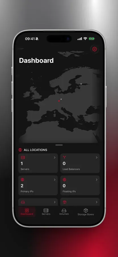 Dashboard with a dark map of Europe and counts of servers