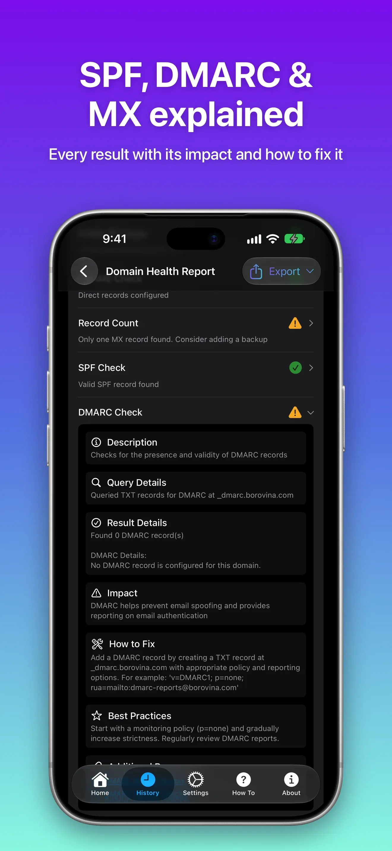 DMARC check expanded with description