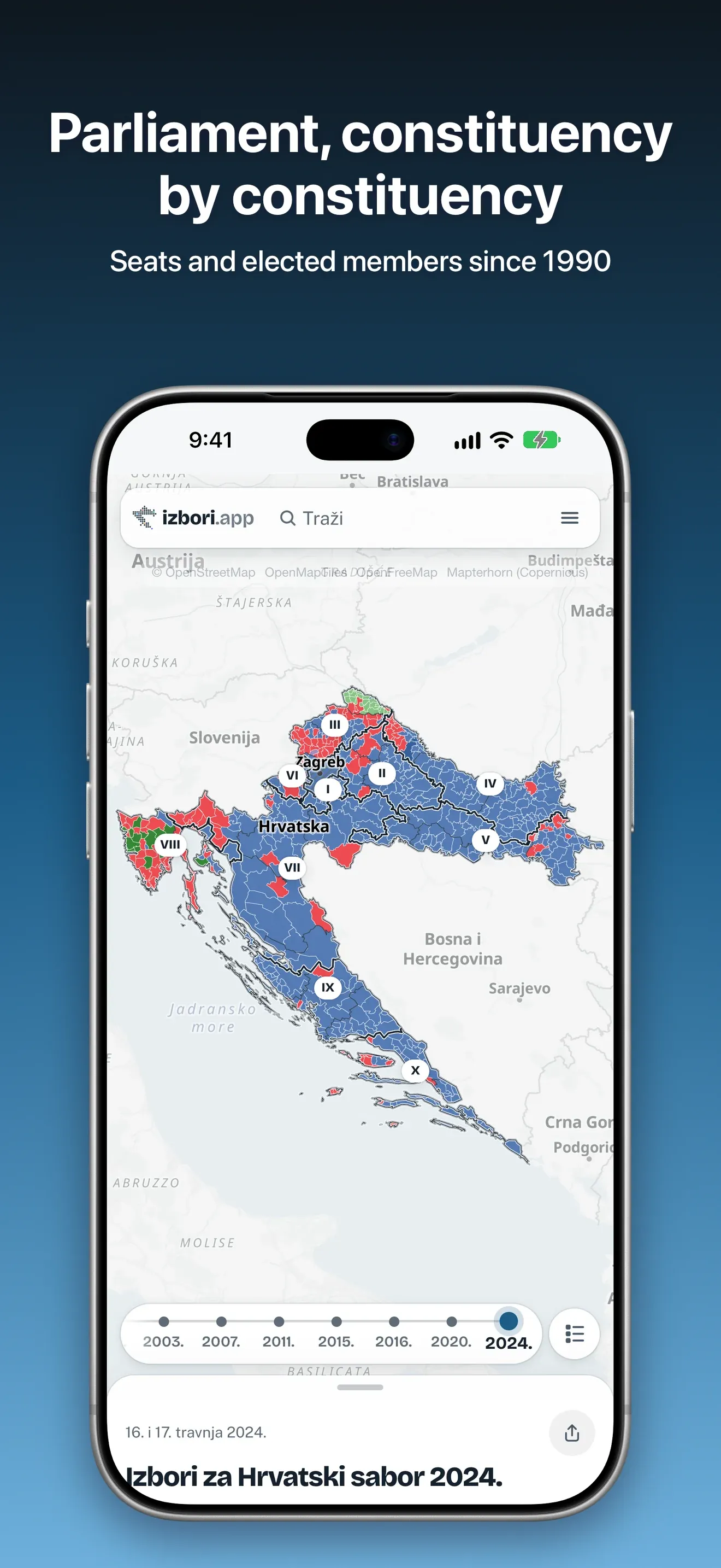 2024 Sabor election map with constituency outlines and numbers