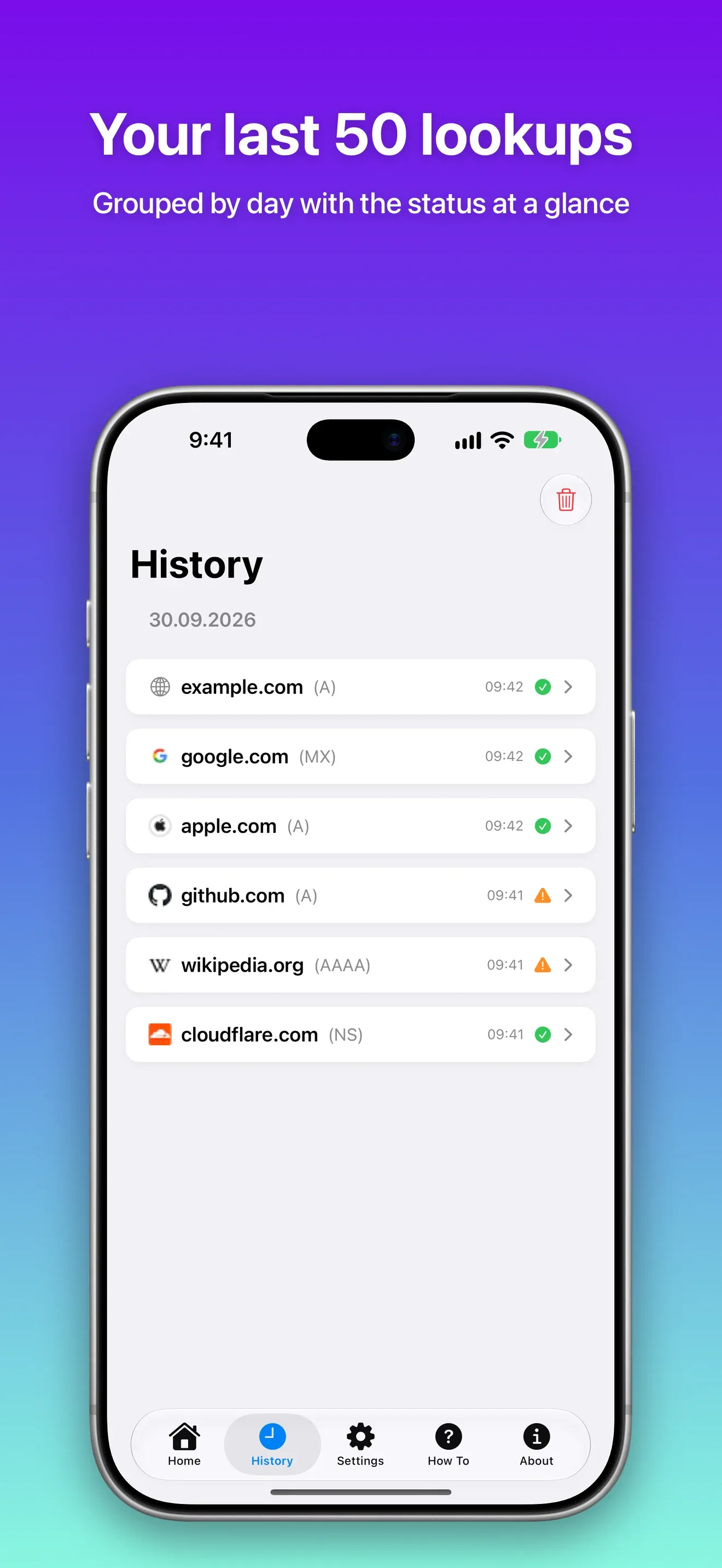 History of recent lookups grouped by day with status icons
