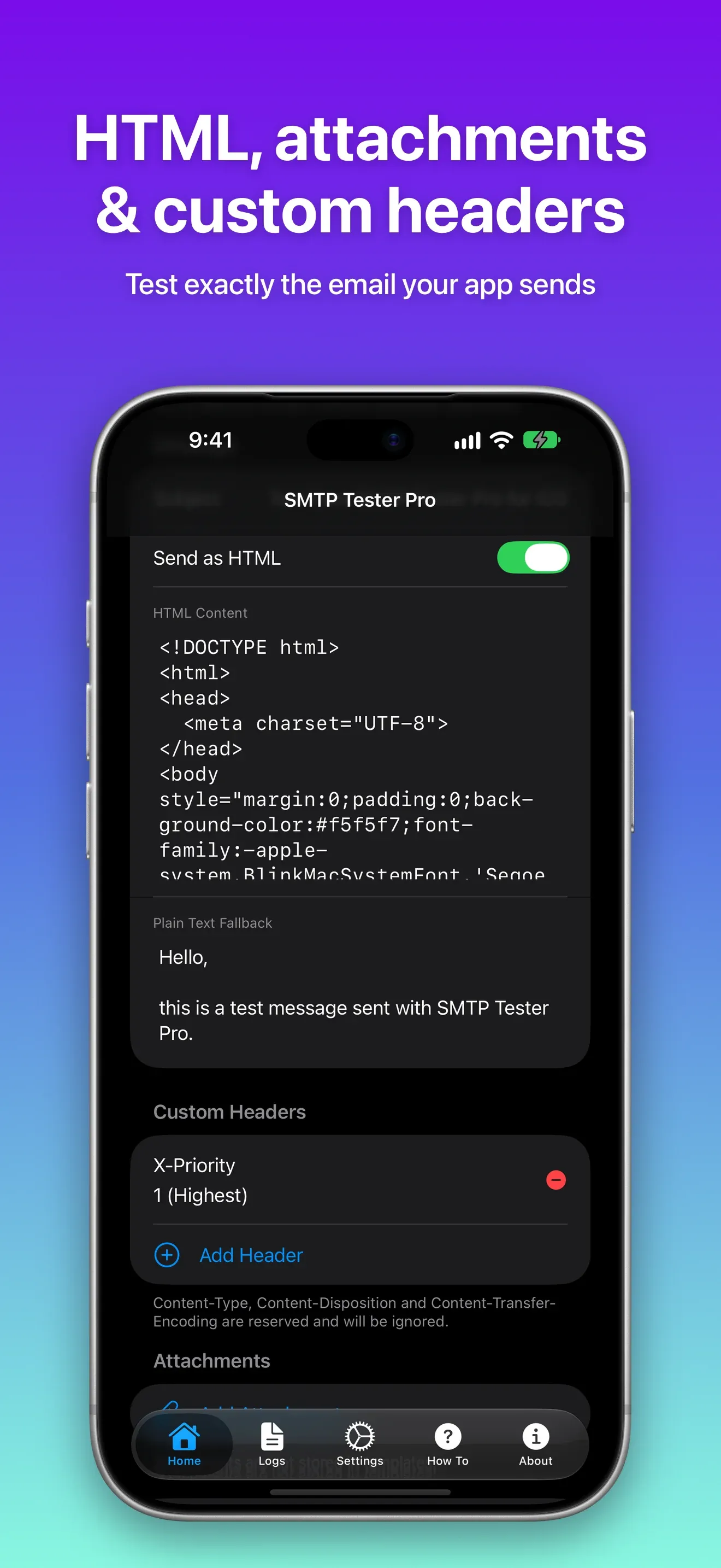 HTML message editor with custom headers and attachments in dark mode