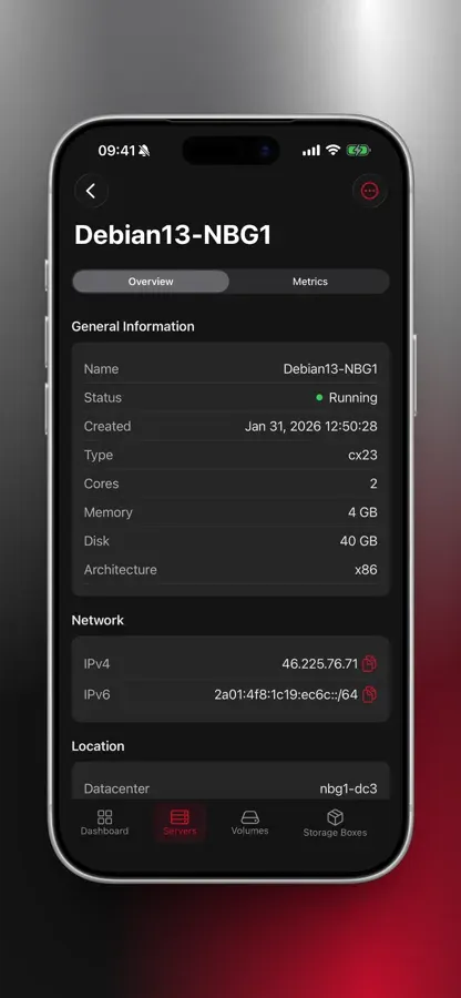 Server detail view with general information