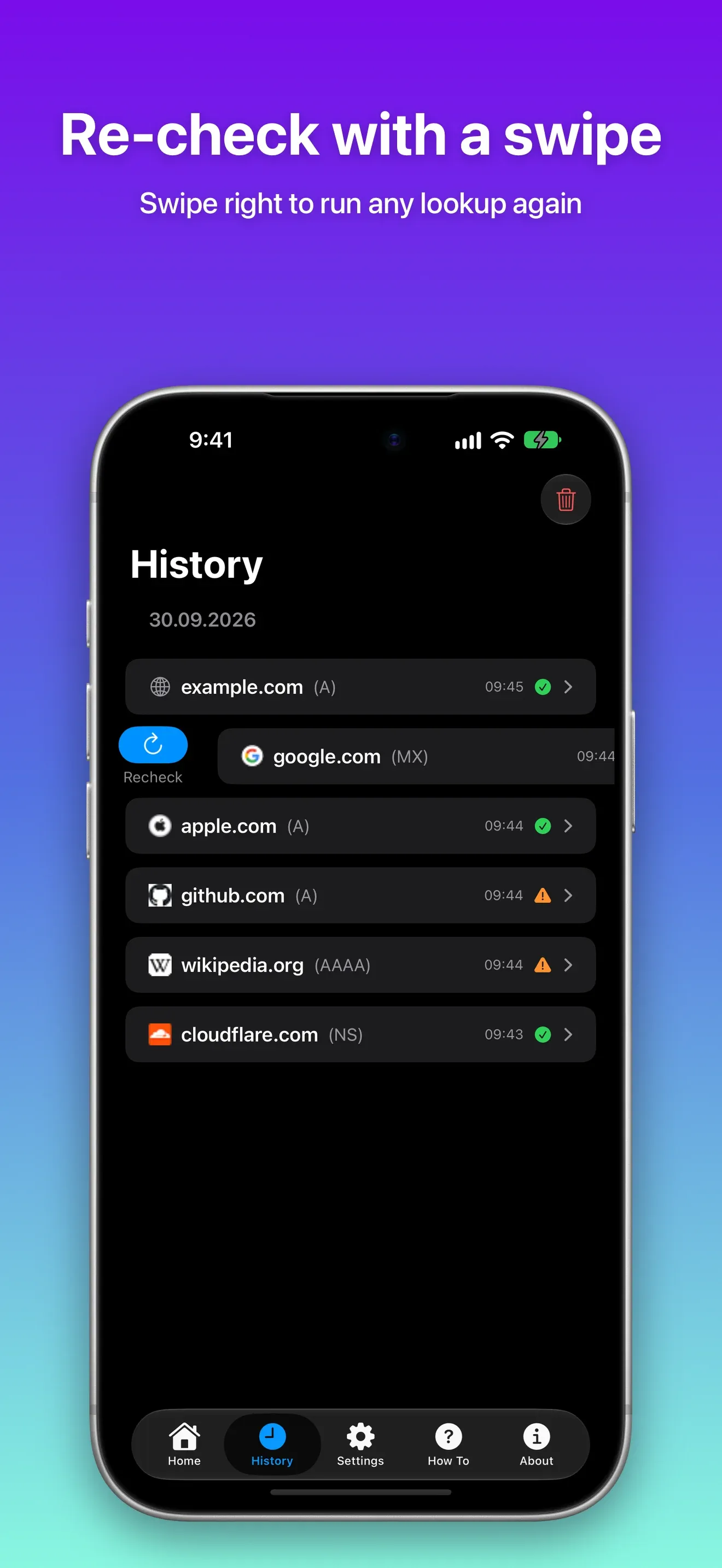 Swipe right on a history entry to run the lookup again