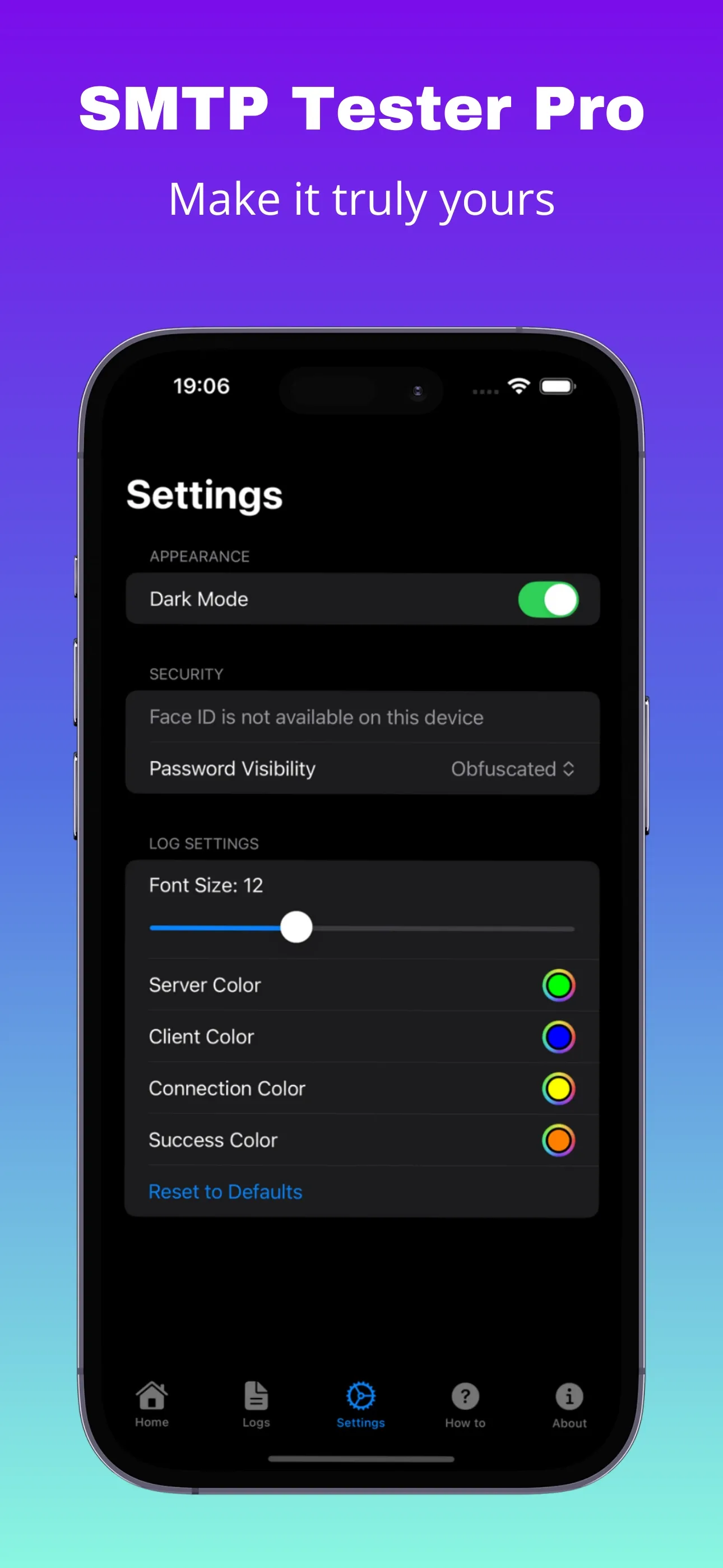 Settings with dark mode