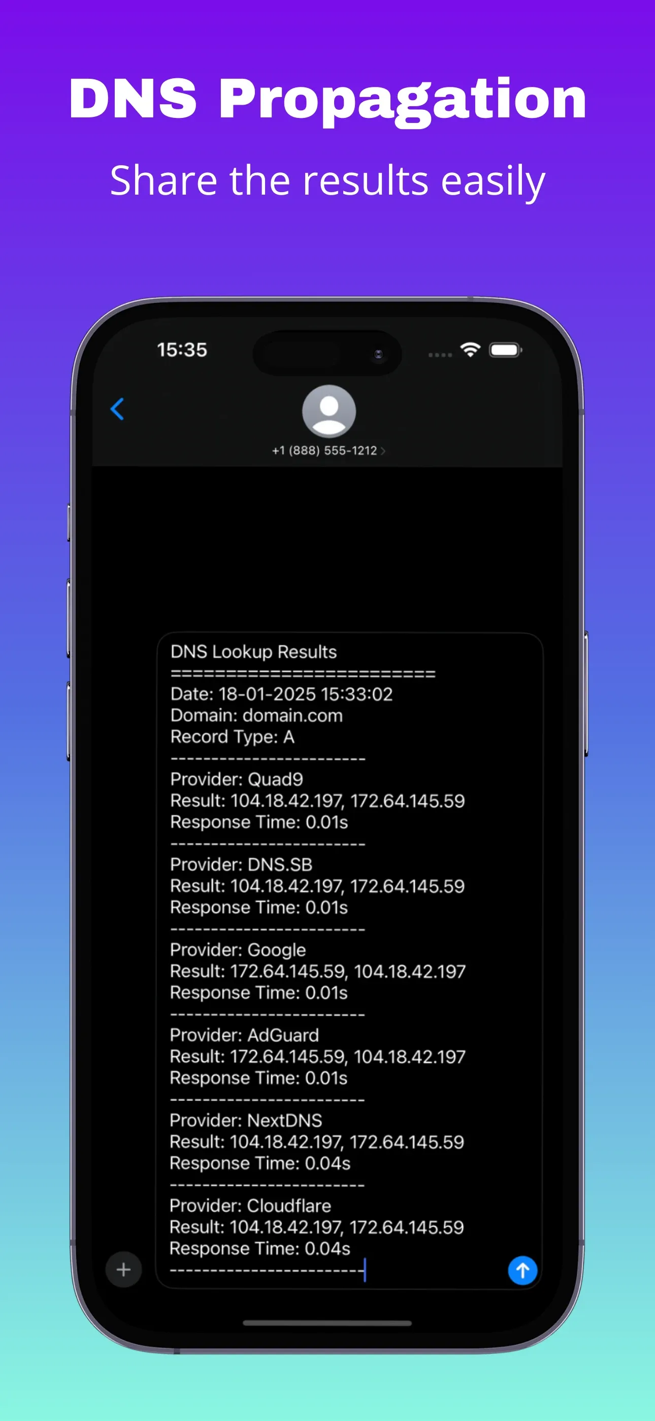 iMessage share sheet with results preview