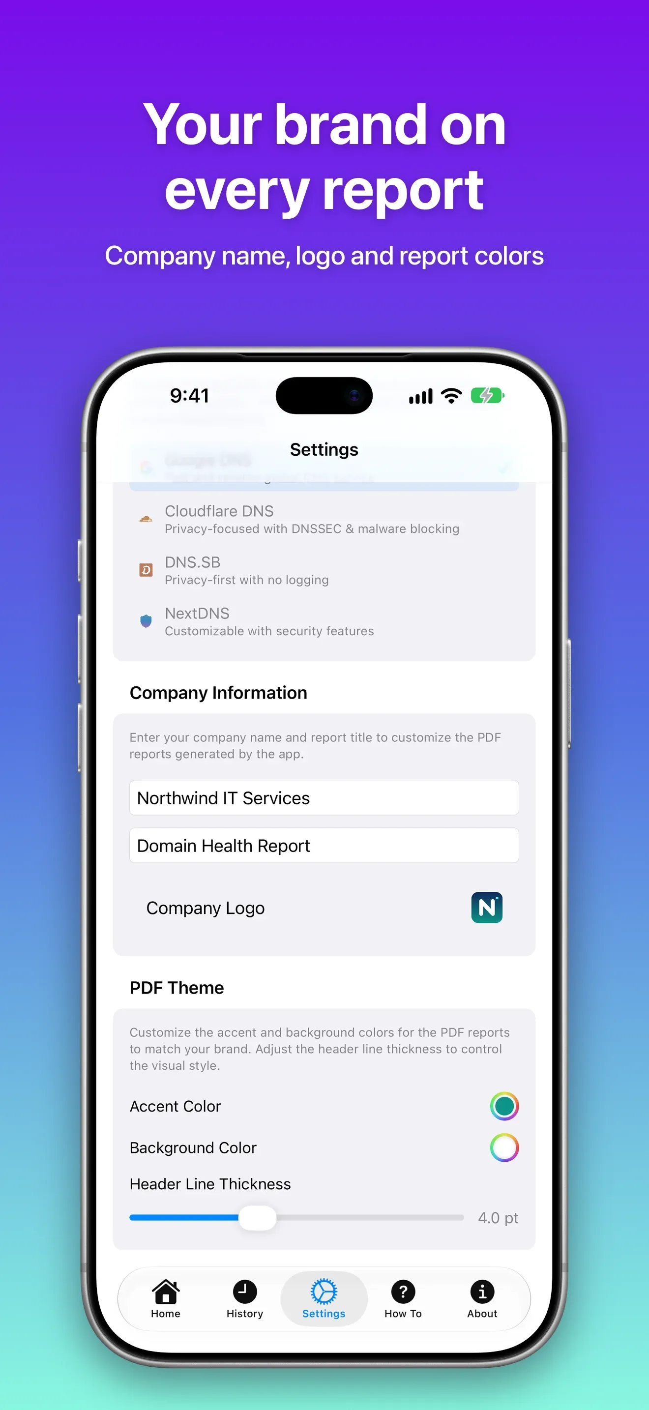 Settings with company information