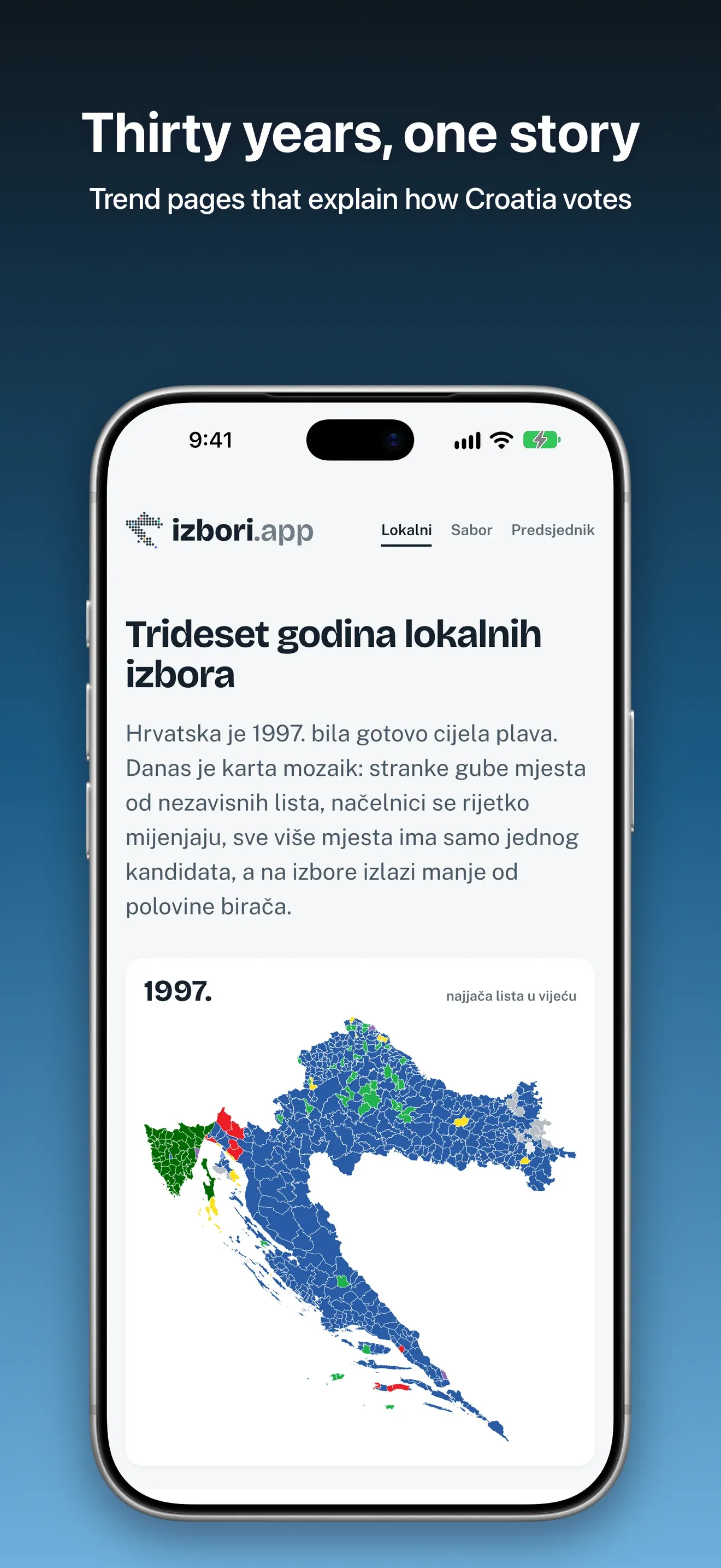 Local elections trend page opening with thirty years of results and the 1997 map