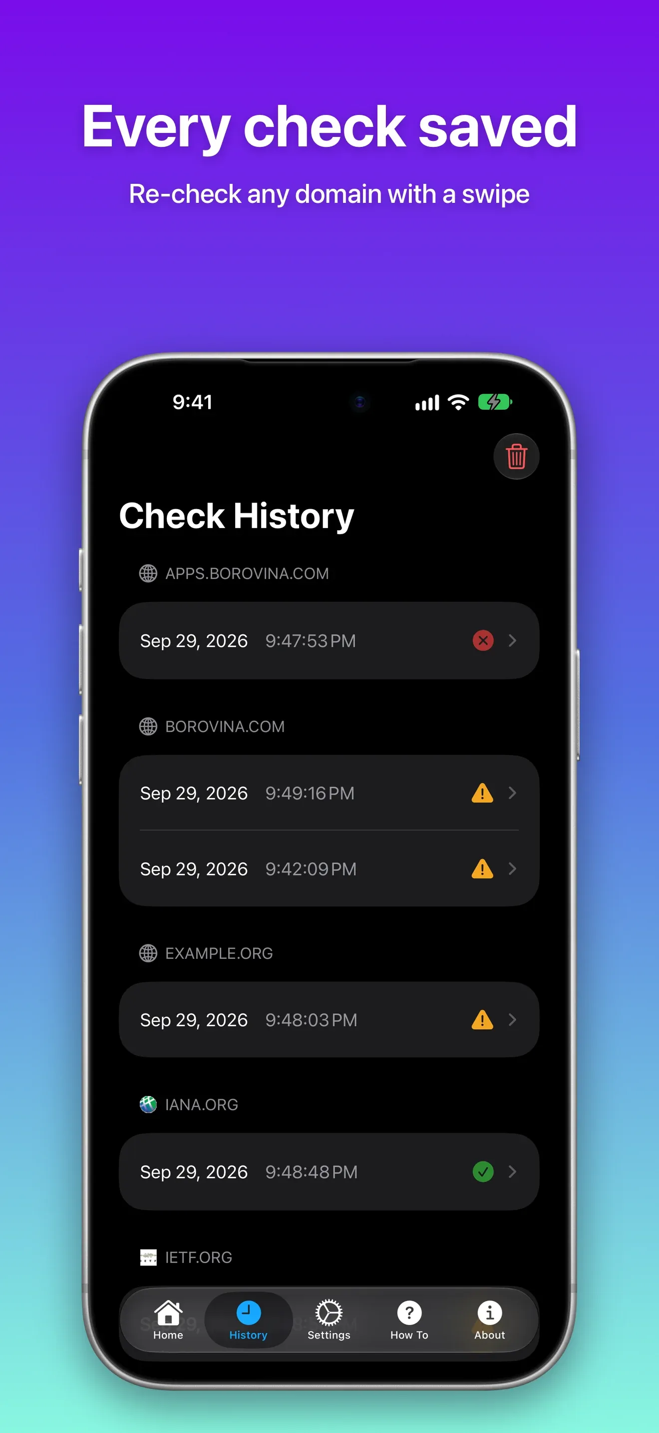Check history grouped by domain with the status of every check